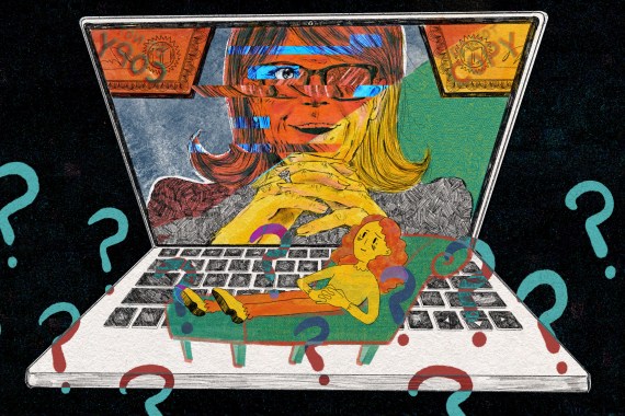 An illustration in pencil shows a therapist on the screen of a laptop. The therapist is an older woman and crosses her fingers in front of her face as she smiles. Her eyes are concealed by thick glasses. The screen glitches and momentarily shows part of another woman’s face. Behind her on the wall are two certificates, one inverted, that say “DO NOT COPY.” A tiny patient is drawn lying on a couch on top of the laptop’s keyboard, surrounded by floating question marks.