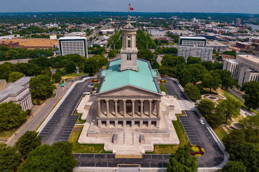 An aerial view of the Tennessee Capitol building.