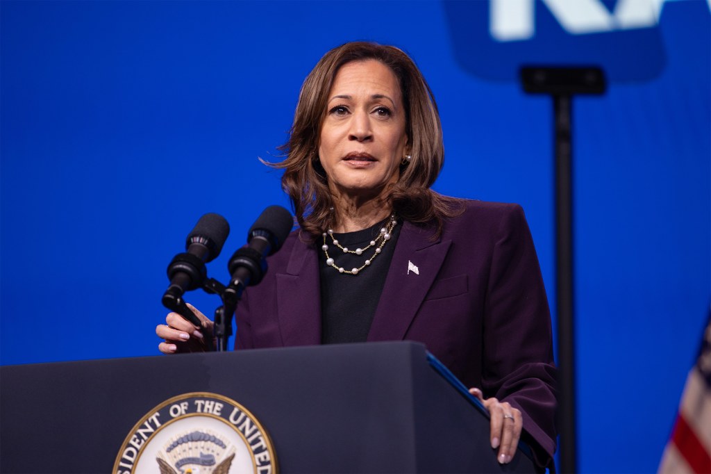 A photo of Vice President Kamala Harris speaking at a podium.