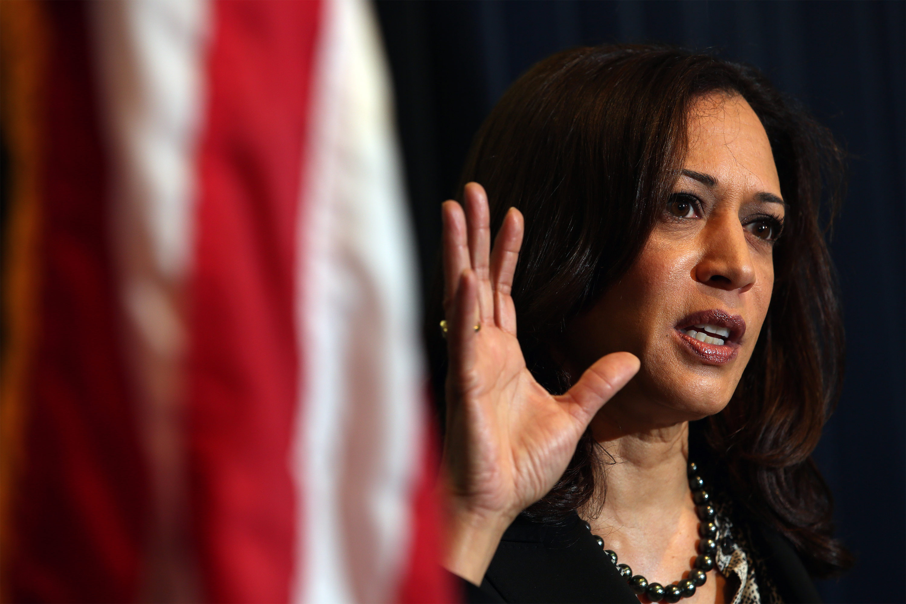 A photo from 2015 of Kamala Harris speaking at a news conference.