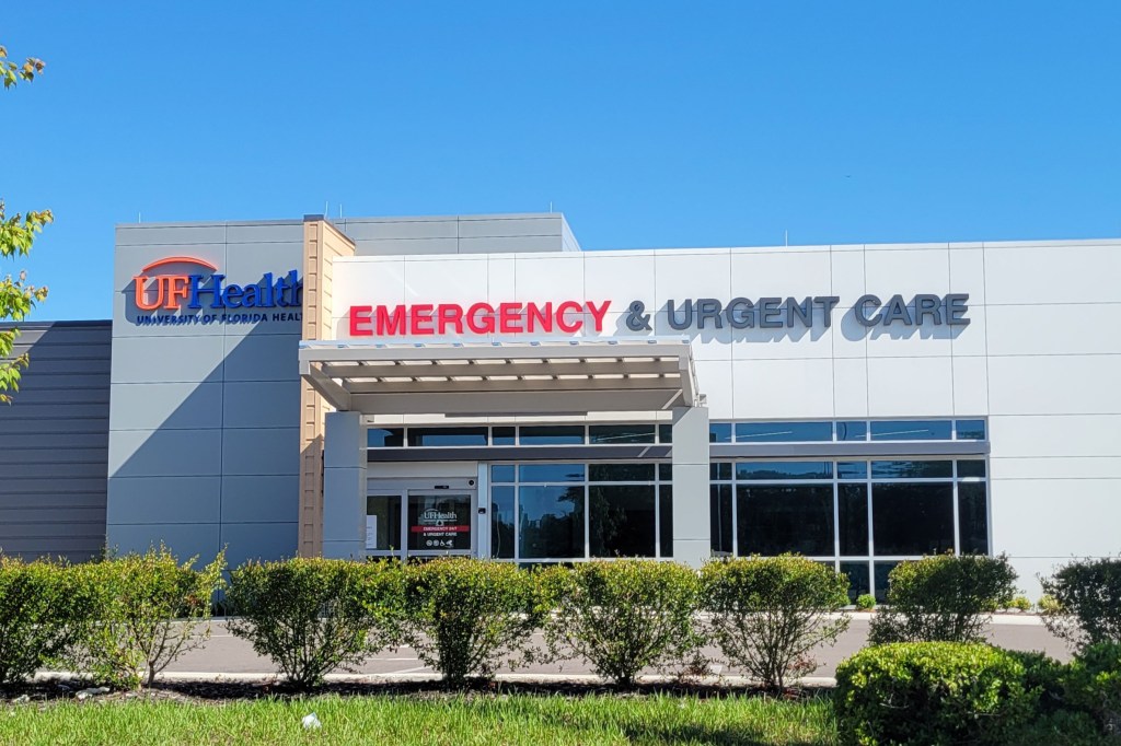An exterior photograph of the UF Health emergency and urgent care facility in Jacksonville, Florida.