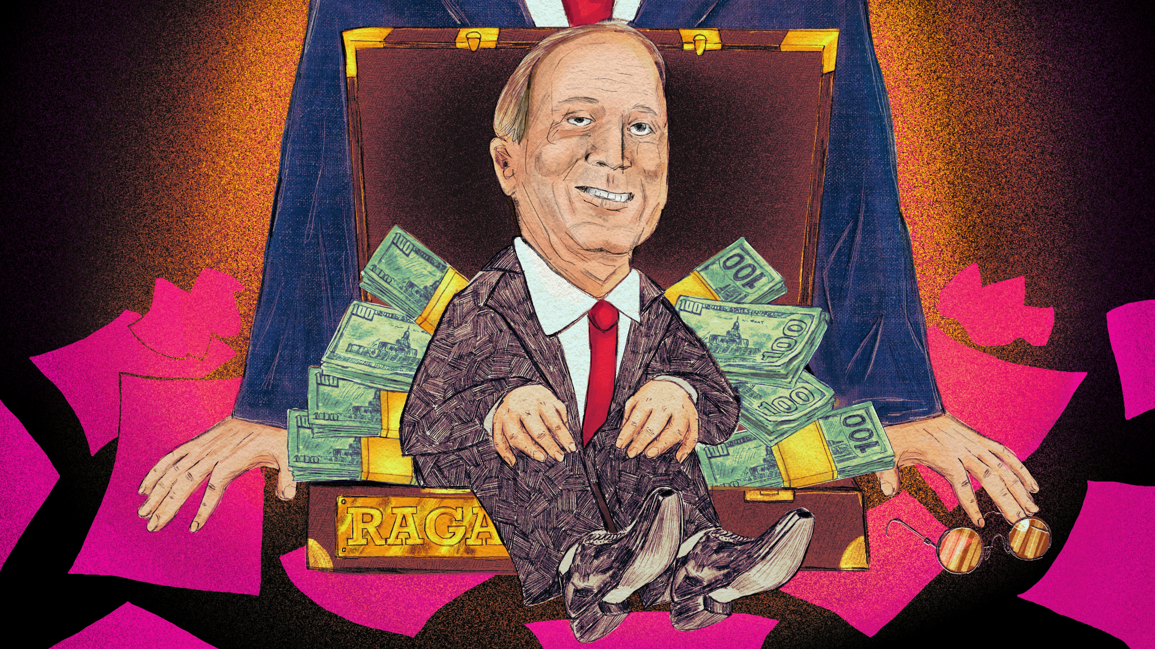 An illustration, drawn in pencil and colored with digital marker, shows a miniature Ken Paxton sitting in a briefcase of cash, that says 'RAGA' on the side. Leo Leonard is standing behind the briefcase. Pink papers, some crumpled, are scattered on the tabletop where the briefcase is resting.