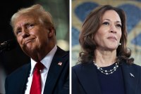 Two photos shown next to each other: a photo of Donald Trump on the left and Kamala Harris on the right.