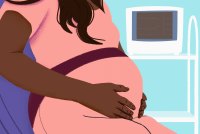 A digital illustration of a pregnant woman holding stomach in clinic exam room.