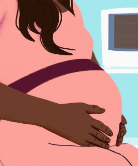 A digital illustration of a pregnant woman holding stomach in clinic exam room.