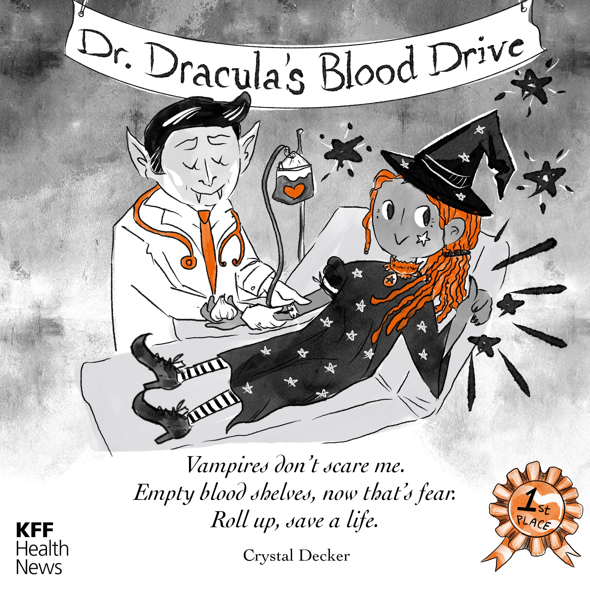 A black and white cartoon of a witch donating blood. The person taking her blood is Dr. Dracula. Above them is a banner that says: "Dr. Dracula's Blood Drive." Haiku text at the bottom of the image reads: "Vampires don’t scare me. Empty blood shelves, now that’s fear. Roll up, save a life. –Crystal Decker"