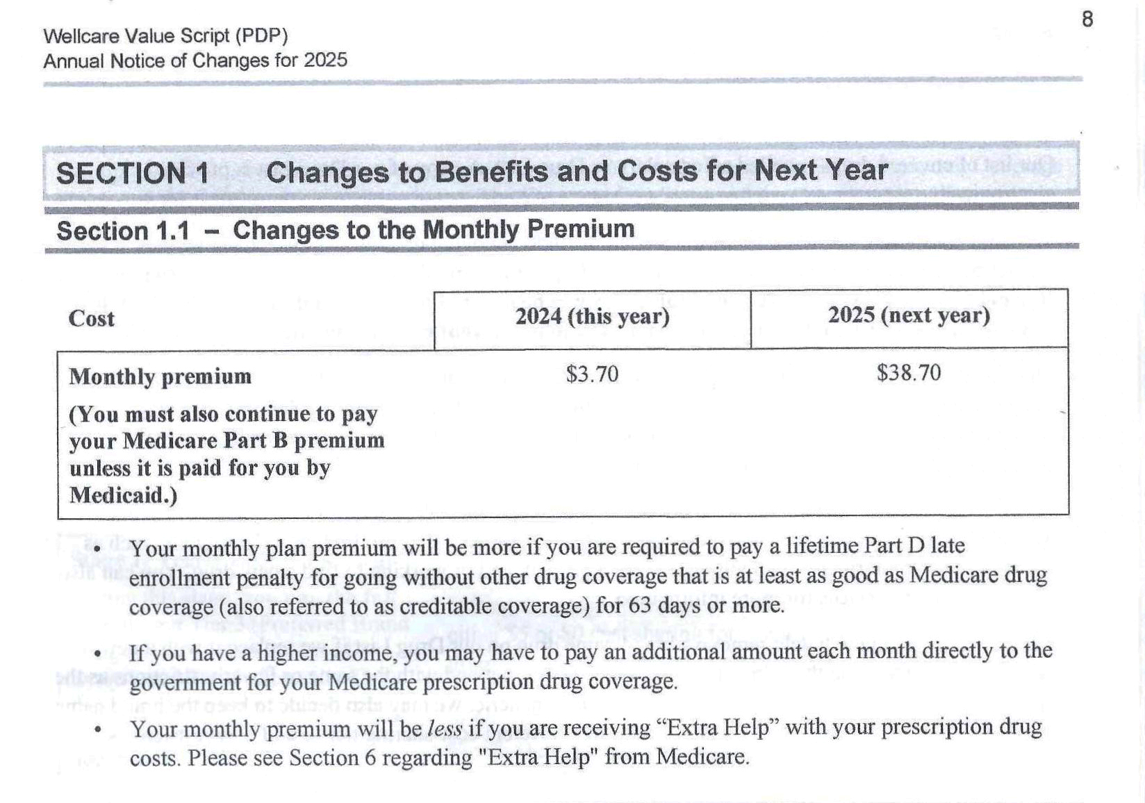 An excerpted portion of a booklet showing a premium increase.