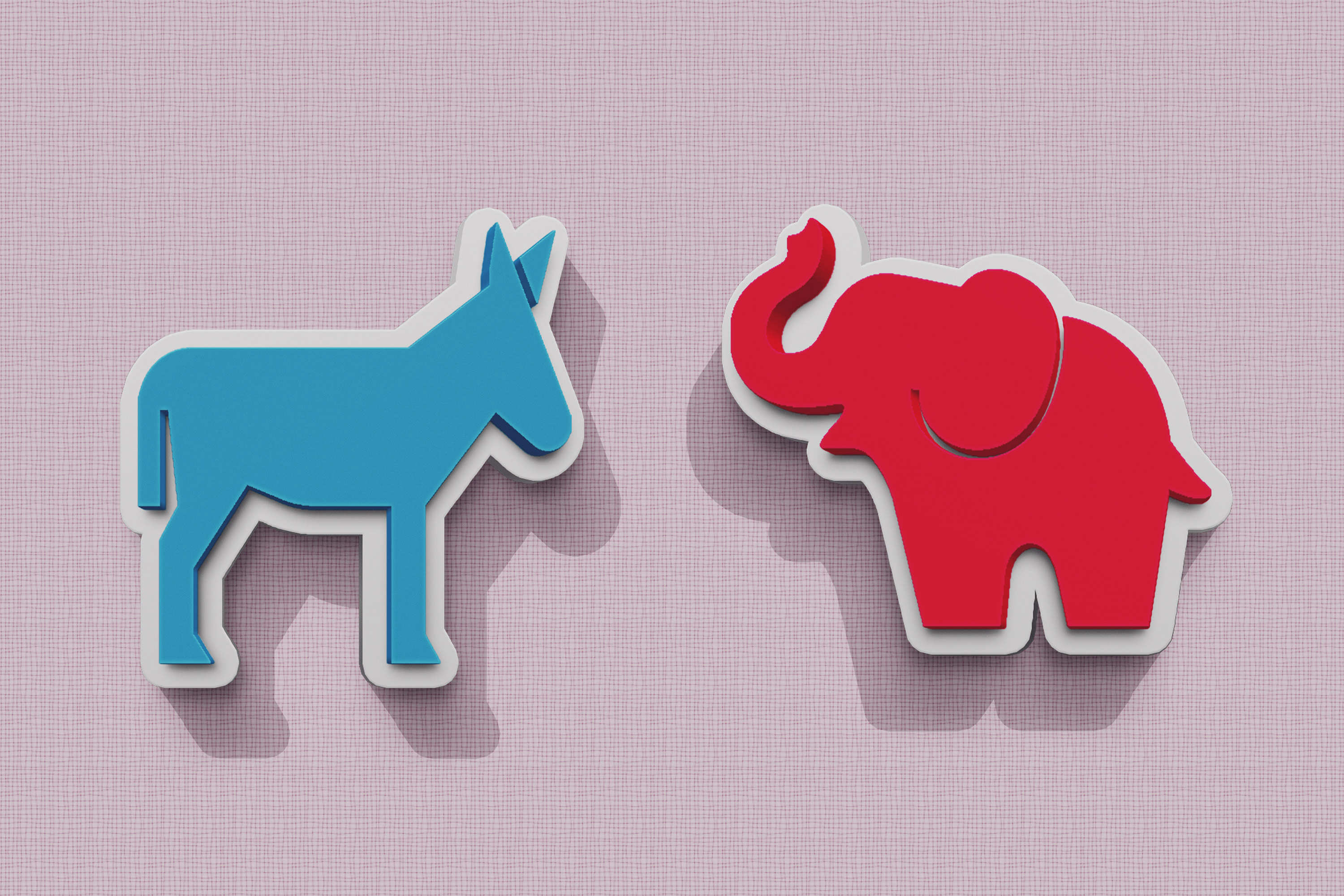 A photo illustration of a blue donkey and a red elephant facing each other.