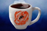 An illustration of a white mug with an orange poppy flower decoration on the side. Steam is wafting from the tea in the mug.