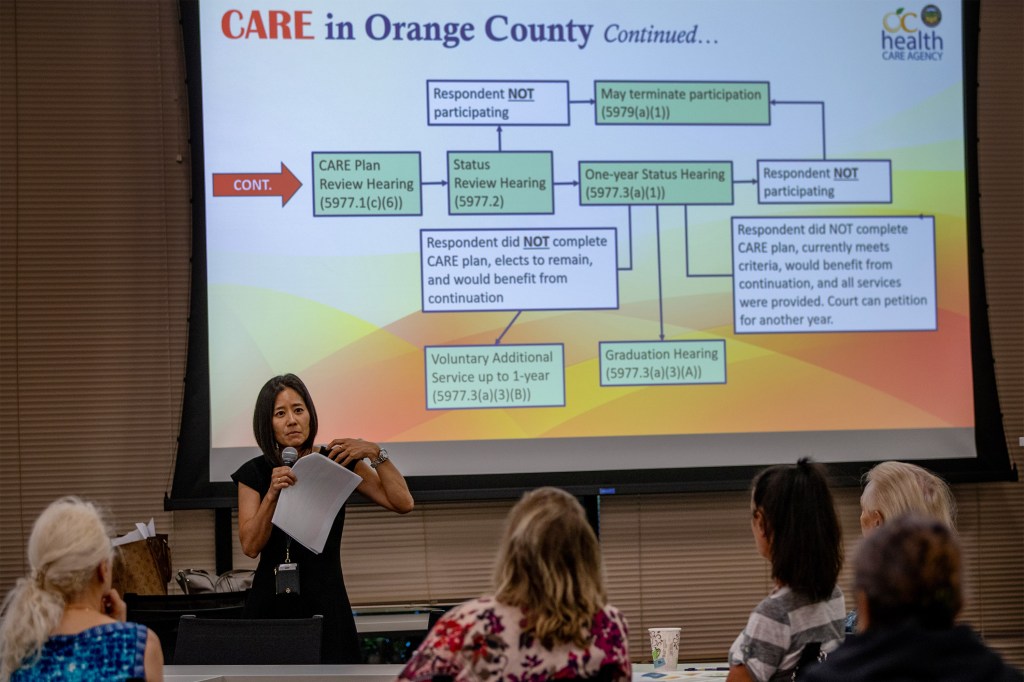 A photo of woman giving a presentation about CARE courts.