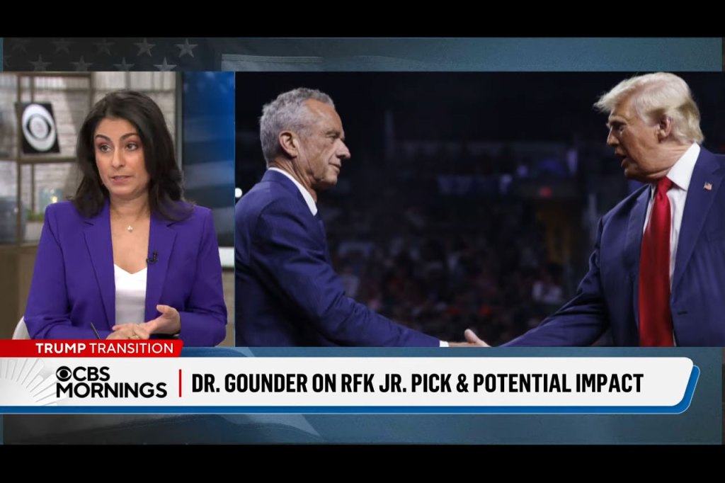 A still from a broadcast of Céline Gounder on CBS News and a still image of President-elect Donald Trump shaking hands with Robert F. Kennedy Jr. The chyron reads "Dr. Gounder on RFK Jr. pick and potential impact."