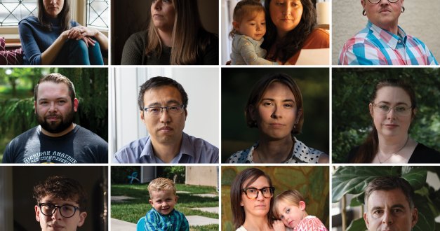 A grid of 12 photos each showing a portrait of a person or a person and their child.