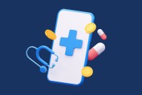 3d rendering illustration that shows a smartphone in the center with a medical "+" symbol on the screen. A stethoscope, pills, and coins float around the phone over a blue background.