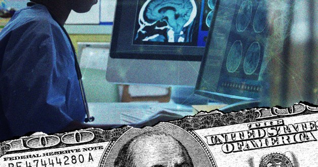 A photo illustration of a woman working at a computer in a medical setting. A hundred-dollar bill is layered on top.