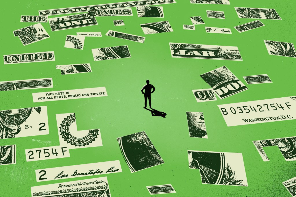 A photo illustration of a figure standing alone, surrounded by fragments of a dollar bill arrayed in a random order.