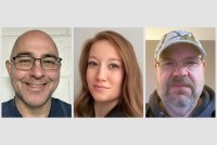 Three headshots are side by side. A man with glasses is on the left, a woman with straight caramel hair is in the center, and a man wearing a baseball cap is on the right.