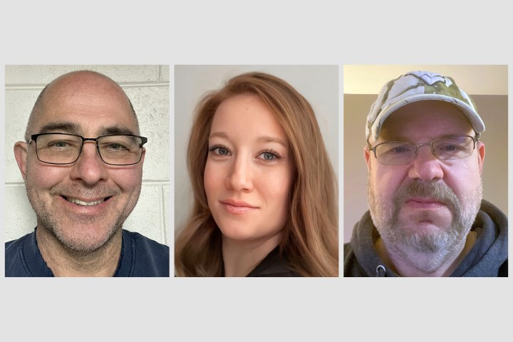 Three headshots are side by side. A man with glasses is on the left, a woman with straight caramel hair is in the center, and a man wearing a baseball cap is on the right.