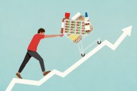 An illustration of a man pushing a grocery cart full of medical supplies up a hill that looks like a stock arrow pointing upward.