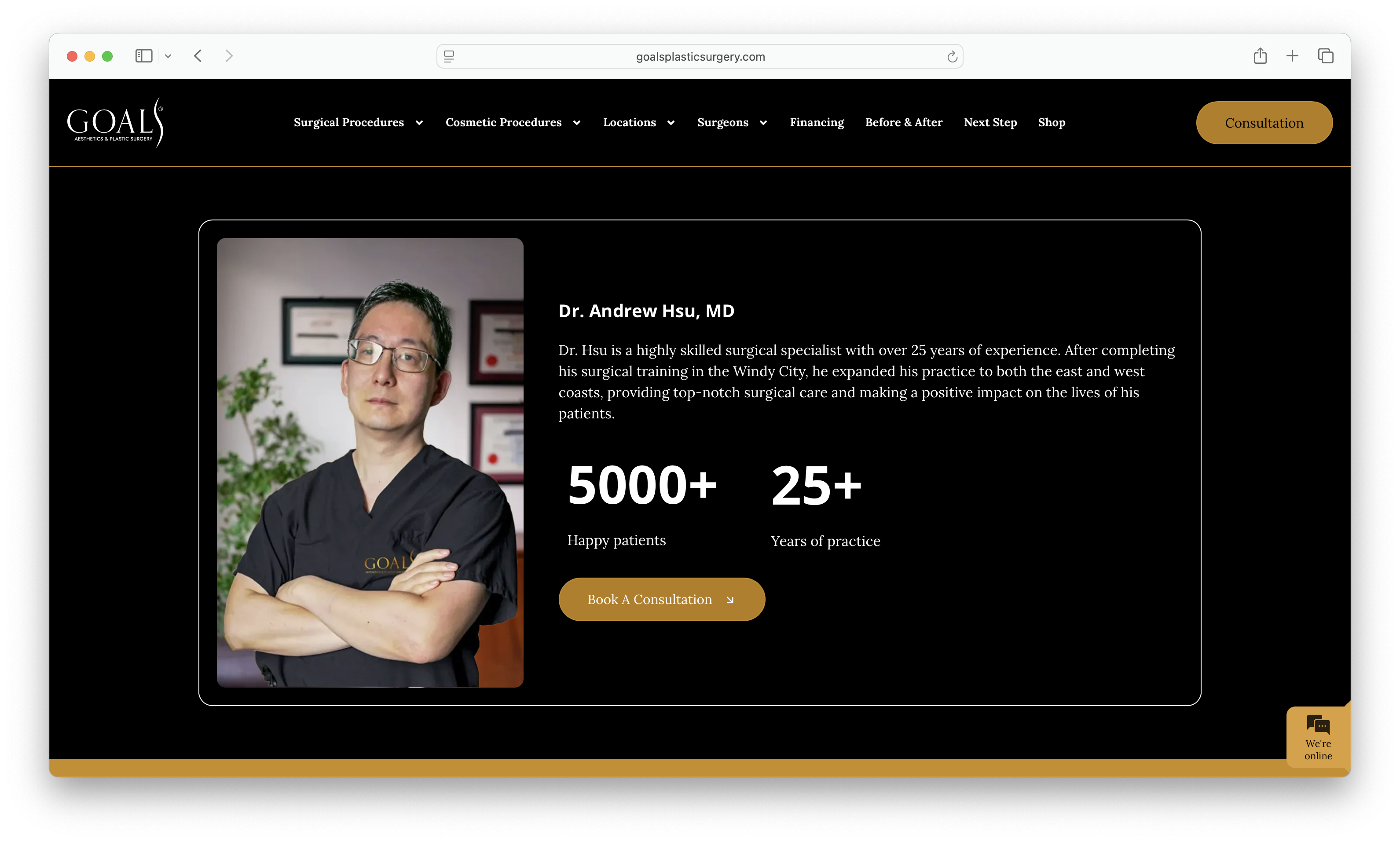 A screenshot of the bio page for Andrew Hsu on the Goals Plastic Surgery website.