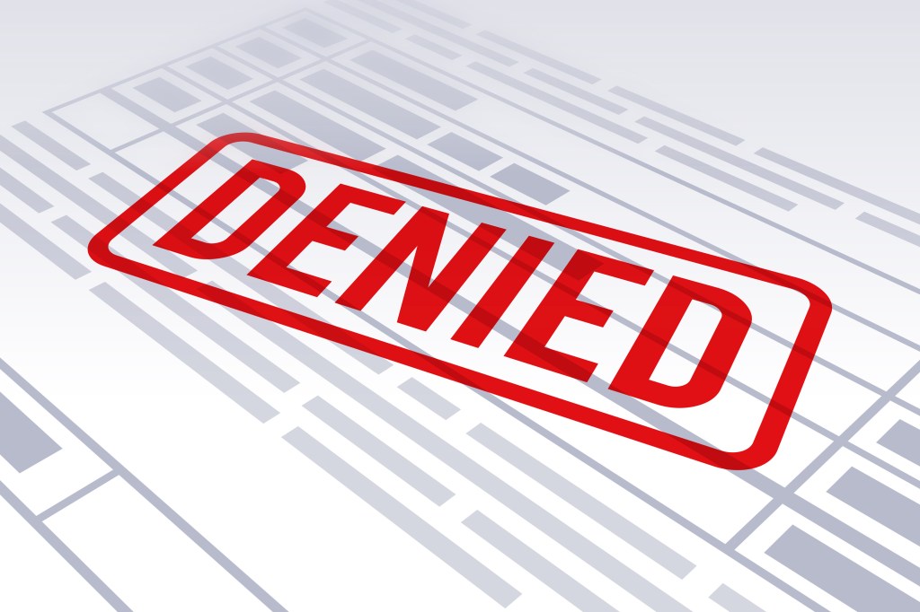 An illustration shows a red stamp that reads "denied" over a form.