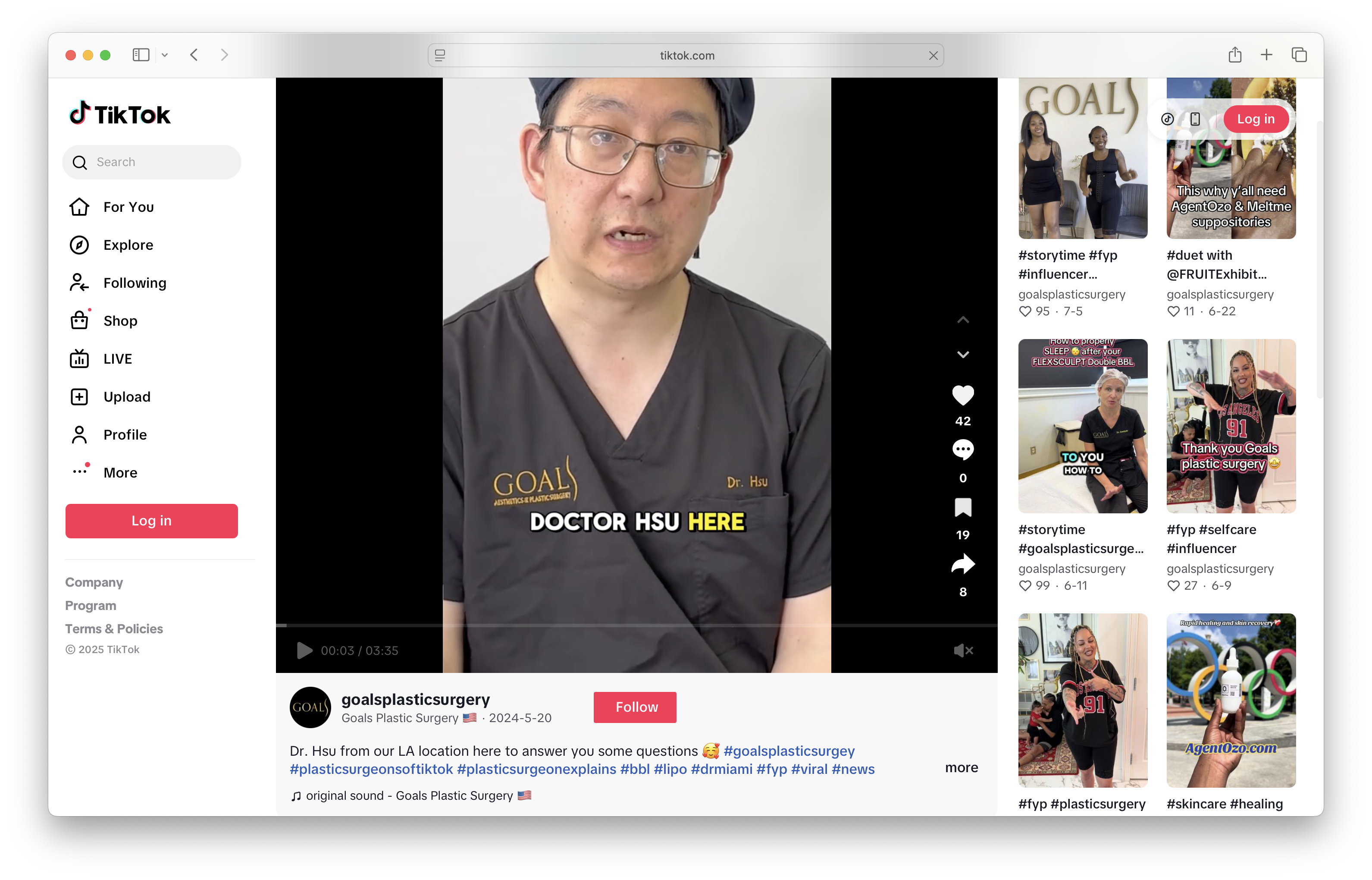 A screenshot of a TikTok video of Andrew Hsu on the Goals Plastic Surgery account.